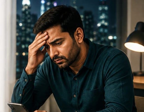 A man sits alone at his desk at night, head in hand, phone in front of him, city lights behind the window.