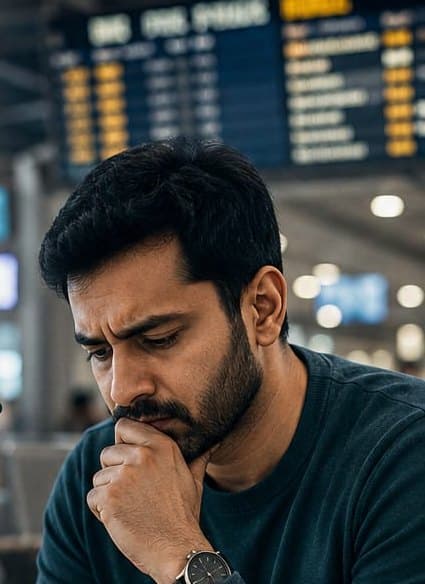 A man waits at an airport departure hall, looking down at his phone with a worried expression.