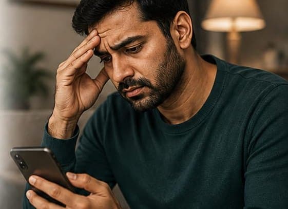A man on a sofa presses his forehead, staring at his phone after an unanswered call.