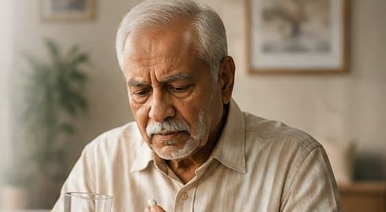 An elderly man at his dining table holds a glass of water in one hand and a tablet in the other, pill bottles beside him.