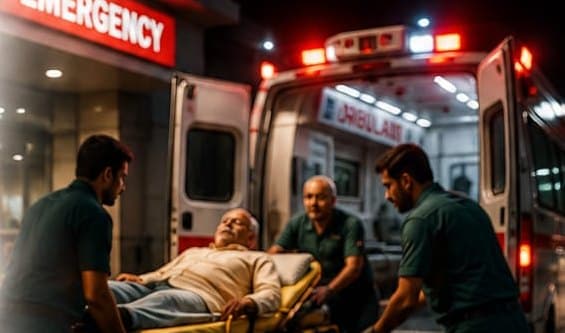 Paramedics move an elderly patient on a stretcher into an ambulance outside a hospital emergency entrance at night.