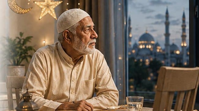 An elderly man sits alone at a festive dinner table by a window at dusk, an empty chair across from him.