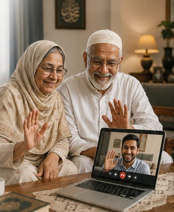 An elderly couple wave happily at their son on a laptop video call in their living room.