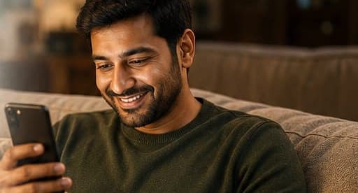 A man relaxes on his sofa, smiling as he reads a health update about his parents on his phone.