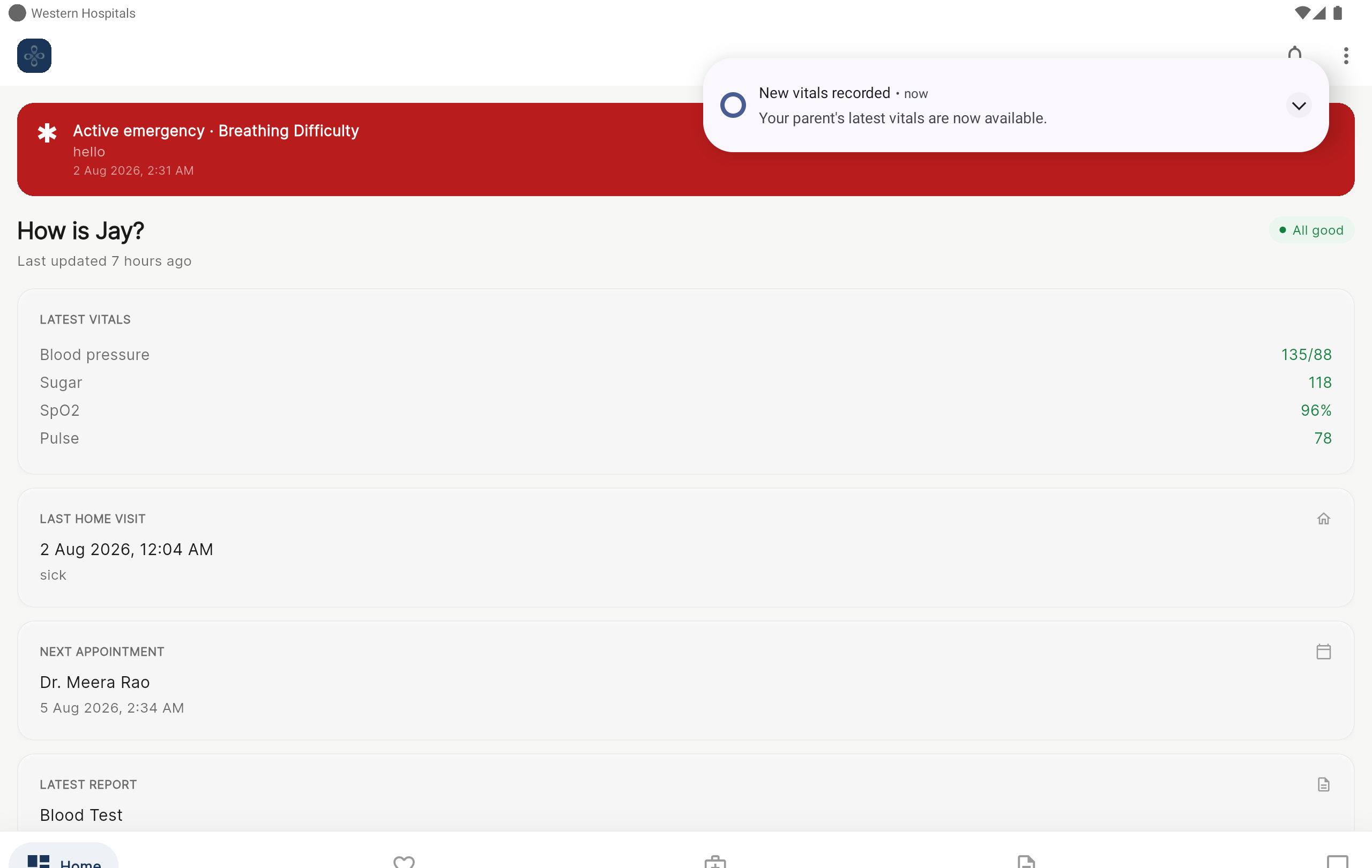 Vitals notification on the Client's device